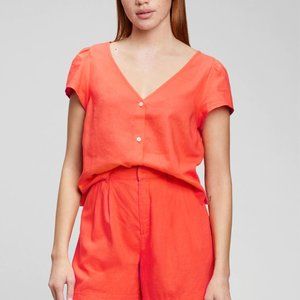 Gap Linen Blend V-Neck Button-Front Shirt Medium tall orange NWT